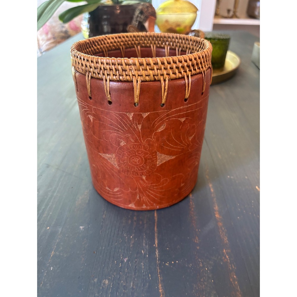 Pier 1 Imports Etched Floral Vessel with Rattan Rim Brown Boho Decor
